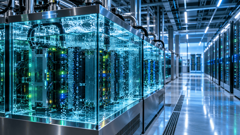 immersion cooled data center aisle 768x432