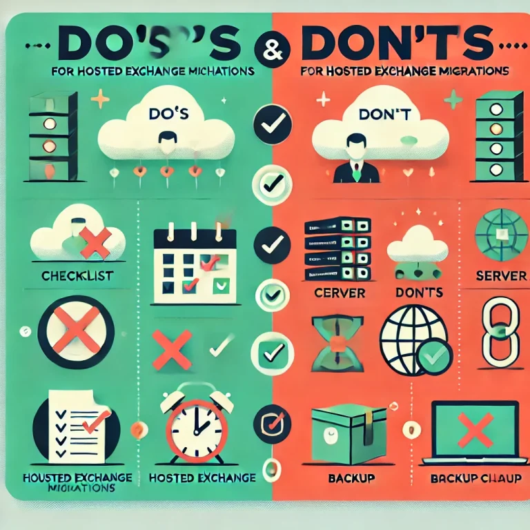 dall·e 2024 08 13 20.41.44 an infographic style image with a clear and clean layout titled dos and donts for hosted exchange migrations. on the left side a green column tit 768x768.webp
