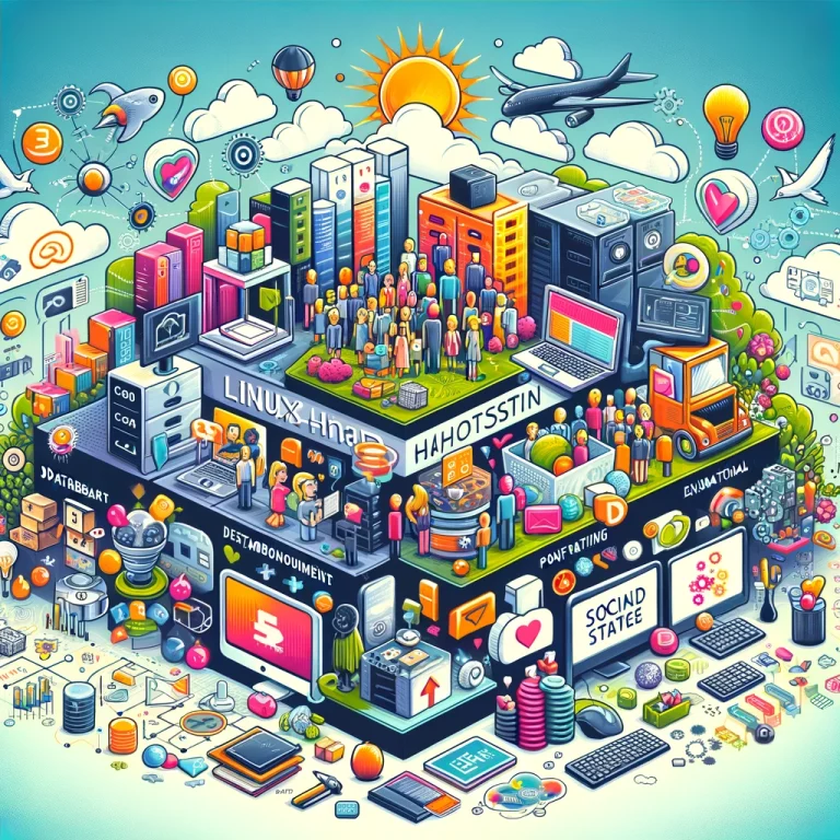 dall·e 2024 02 20 15.09.27 illustrate a vibrant and engaging digital collage showcasing 10 unique applications for linux shared hosting. the image should include visual represen 768x768.webp