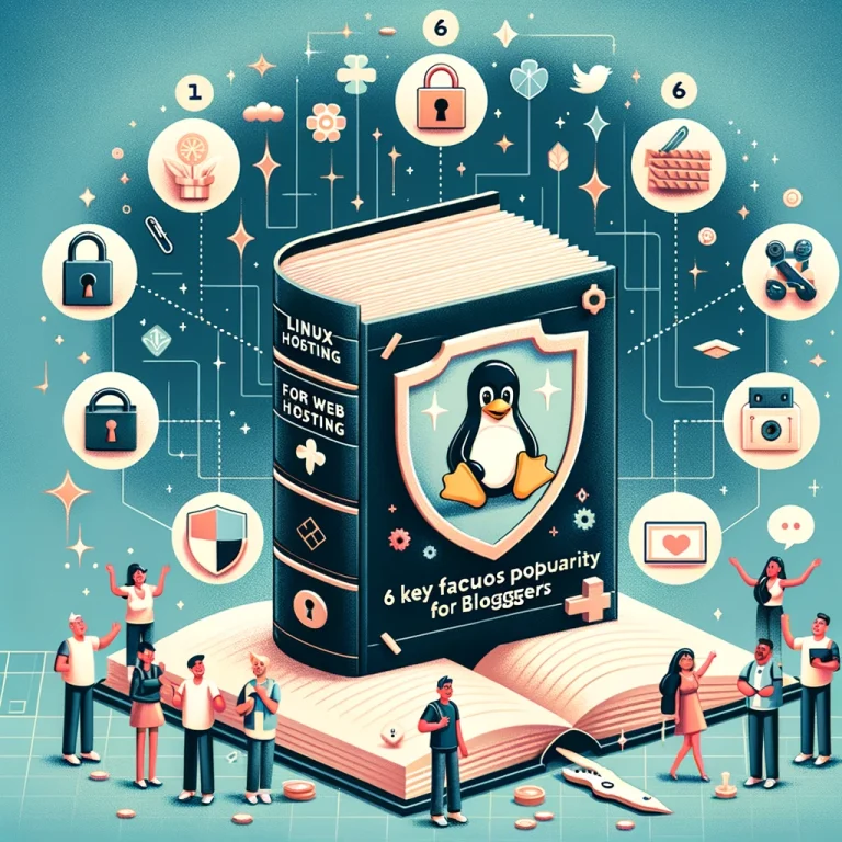 dall·e 2024 02 27 11.18.48 visualize an illustration that represents the 6 key factors boosting popularity of linux web hosting for bloggers. this image should include six disti 768x768.webp