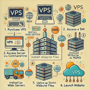 dall·e 2024 10 03 23.00.58 a detailed and beginner friendly illustration showing the steps to host a website on a vps virtual private server. the image includes a simplified s 300x300.webp