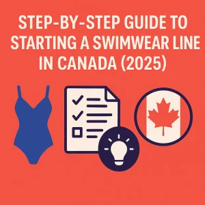 Flat design graphic with red background showing the title 'Step-by-Step Guide to Starting a Swimwear Line in Canada (2025)' and icons of a blue swimsuit, a checklist with lightbulb, and a Canadian flag.
