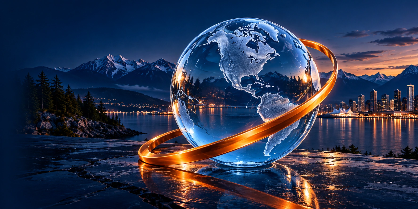 Illuminated glass globe encircled by a warm orange orbital ribbon above a Canadian waterfront
