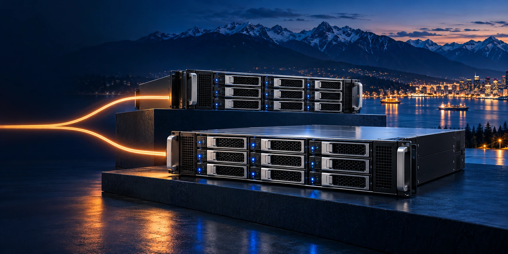 Two horizontal enterprise rack servers with an orange light trail and Canadian mountain backdrop